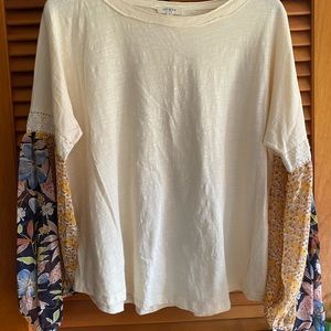 Umgee Cream Long Sleeve Tee with Floral Print Sleeves